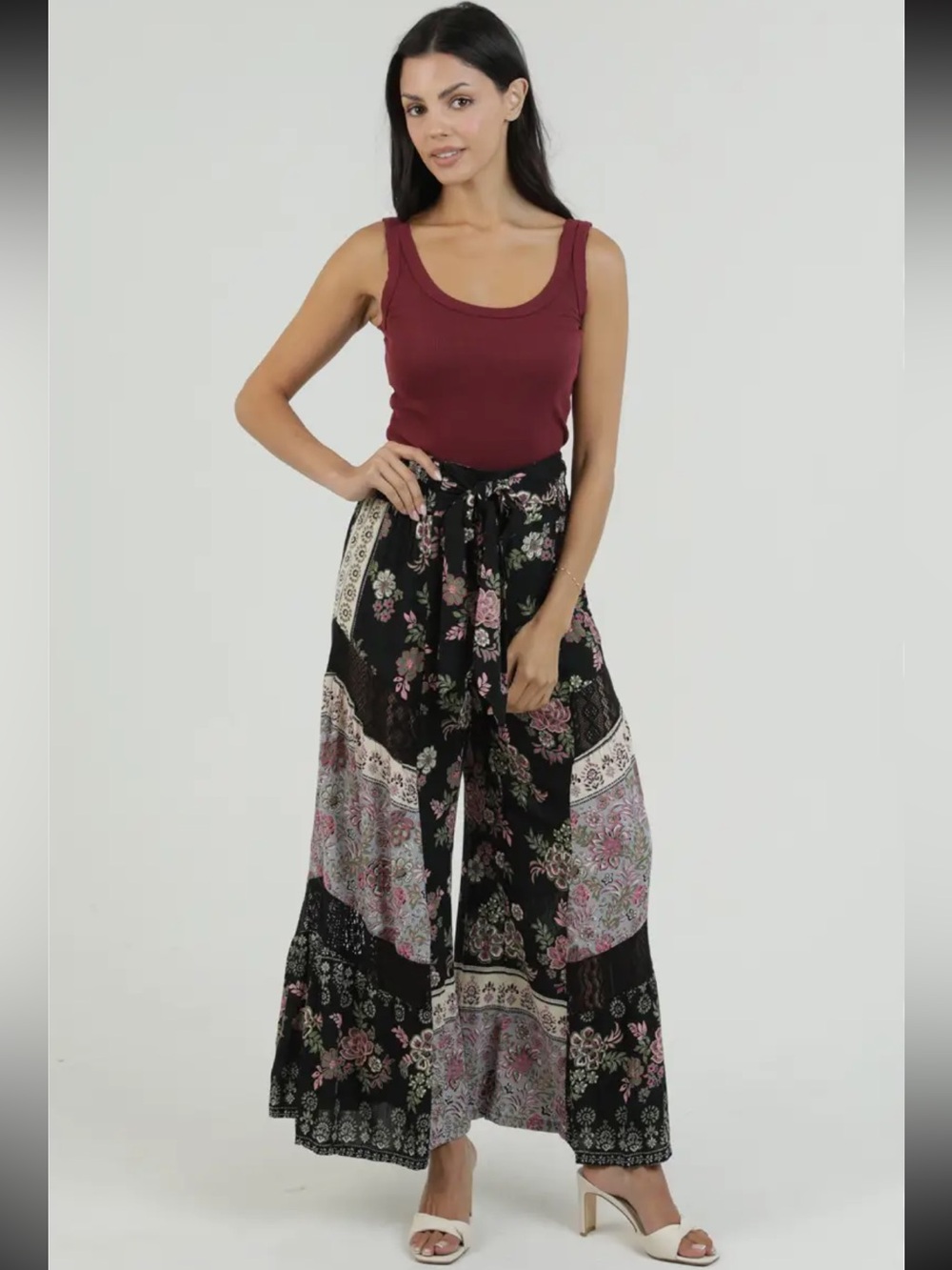 Angie Boho Wide-Leg Tie-Waist Pants - Black/Multi & Lace Panels